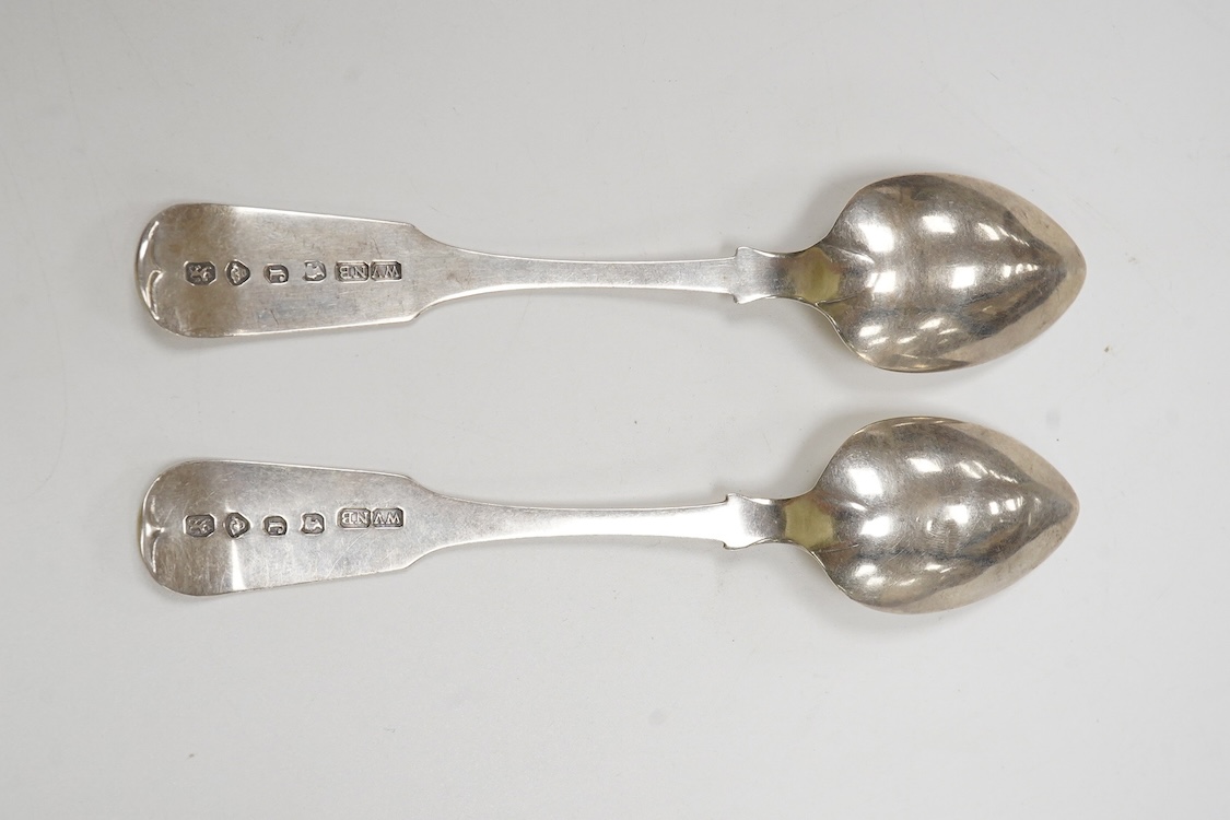 A pair of mid 19th century Canadian white metal fiddle pattern teaspoons, with pseudo hallmarks, maker probably William Norris Venning of Saint John, New Brunswick, circa 1850-1870, with engraved initials, 14.5cm, 39 gra